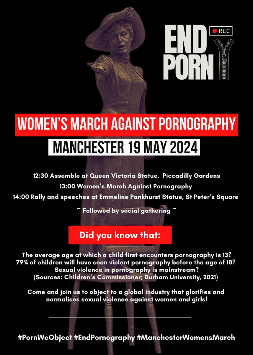 Women's march against pornography. Manchester Sunday 19th May. All women welcome to join us for the march and speeches spelling out the dangers of pornography.