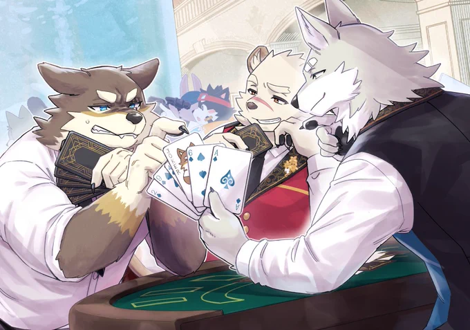 歌ってみた動画「ゴールデンタイムラバー」イラストを担当させていただきました! 楽しんでいただけたら嬉しいです こちらは撮影の休憩中にババ抜きを楽しむお三方の様子です #一路旅行記 #オガミます #熊画