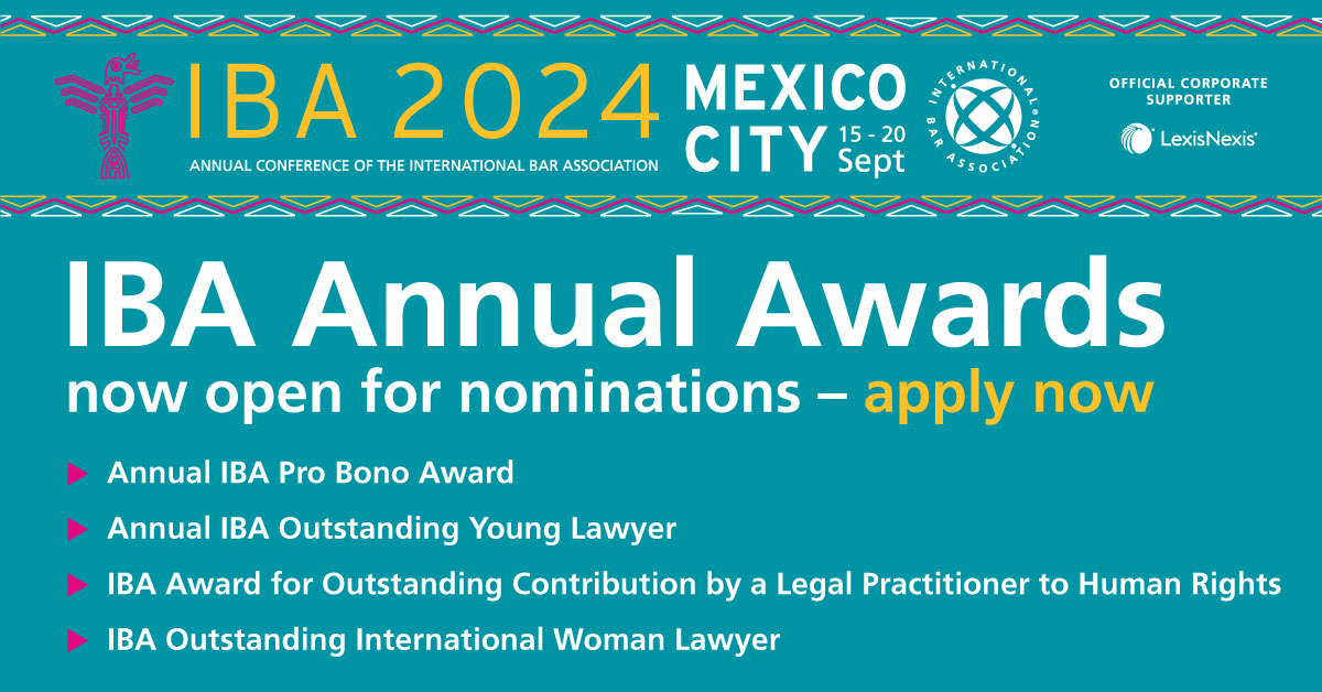 ⭐ IBA Annual Awards Open for Nominations ⭐ 
 
🏆The 4 awards are 🏆

- Lawyer building a Pro Bono culture
- Outstanding #YoungLawyer
- An exceptional practitioner contributing to advancement of #HumanRightsLaw
- Outstanding Female Lawyer

More Info ➡ bit.ly/IBAAnnualConfA…