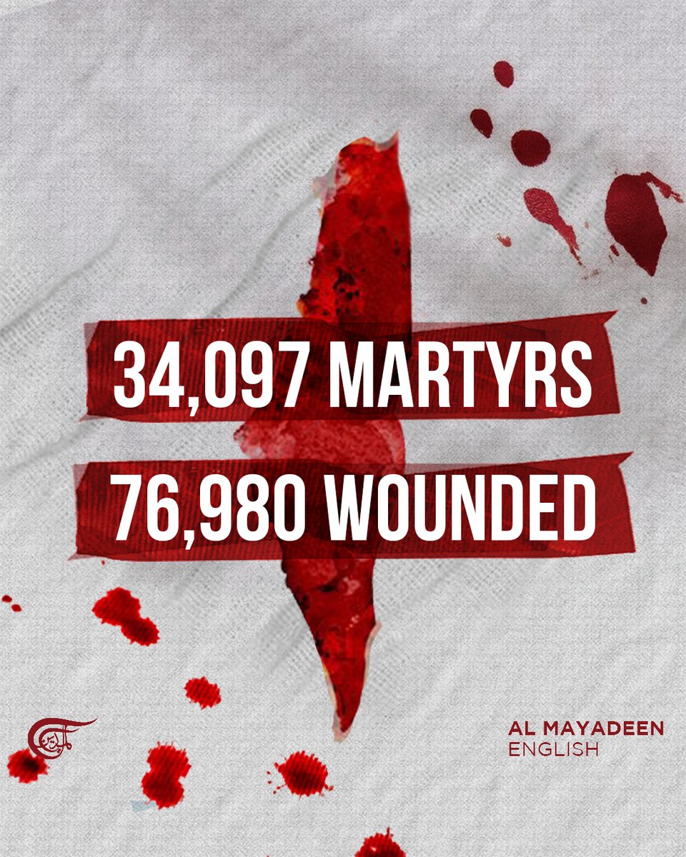 As day 198 unfolds in the Israeli war on #Gaza, the grim tally of casualties continues to rise, standing at a staggering 34,097 martyrs and 76,980 wounded Palestinians. In a mere 24 hours, the Israeli occupation perpetrated five new massacres, killing 48 #Palestinians and