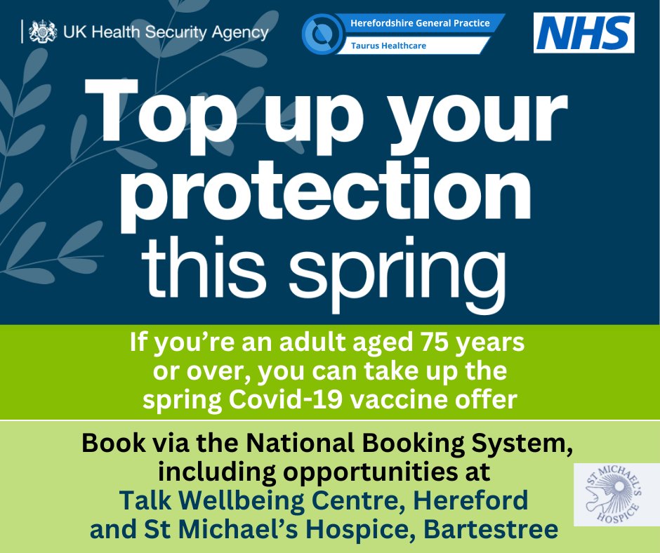 If you are aged 75 or over, you can book to have your covid spring booster at one of our Herefordshire clinics. Please see our website for dates and times: herefordshiregeneralpractice.co.uk/for-patients/v…