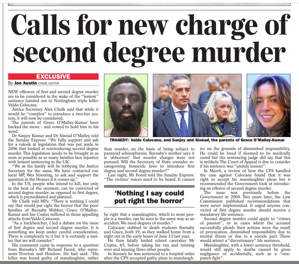 Government pledge to consider new second degree murder charge in wake of #ValdoCalocane killings - #exclusive in #Sunday Express couple of weeks back: