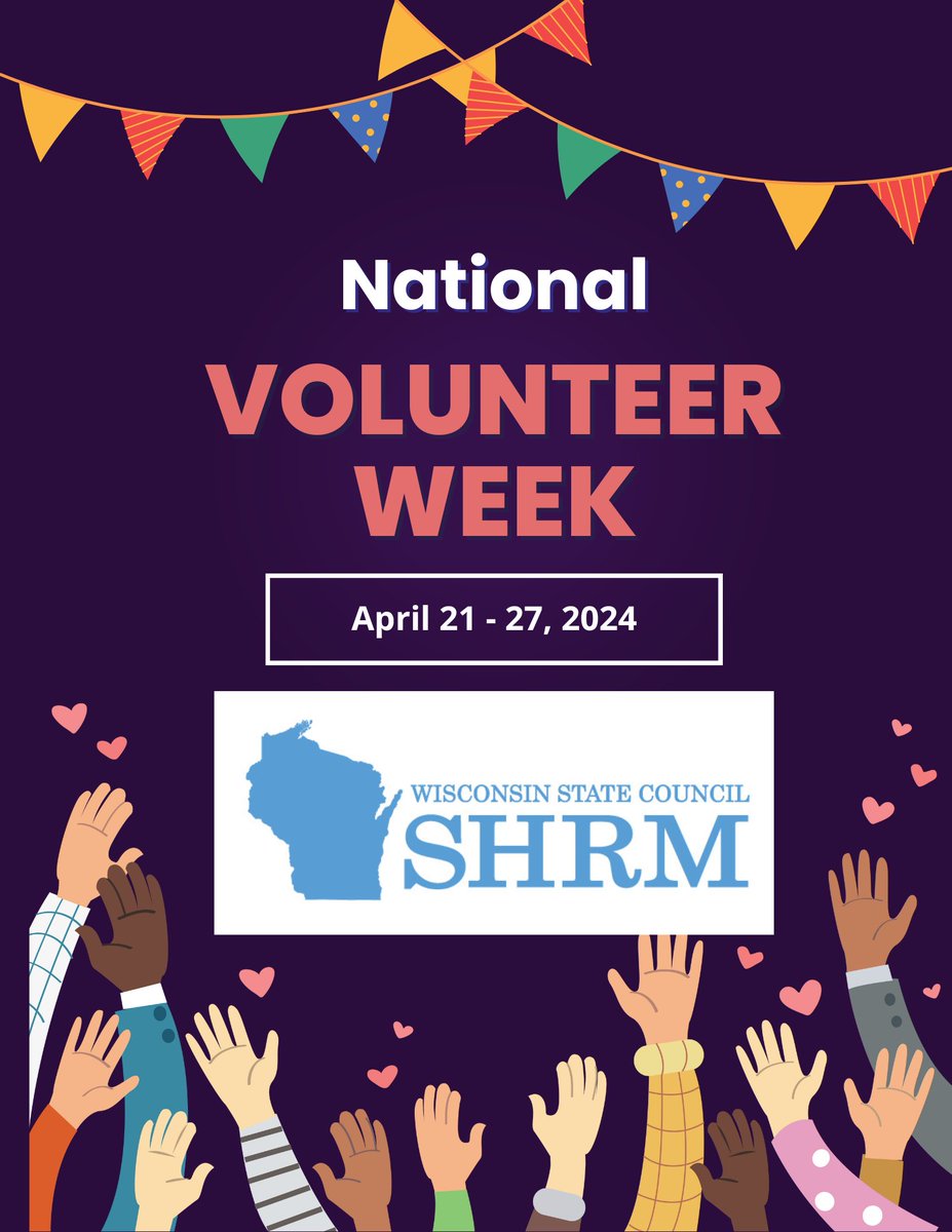 Happy National Volunteer Week to our @WISHRM State Council and Chapter volunteers! Individually and collectively, your work positively impacts both HR professionals and the HR profession in Wisconsin, so thank you for all you do! #NationalVolunteerWeek