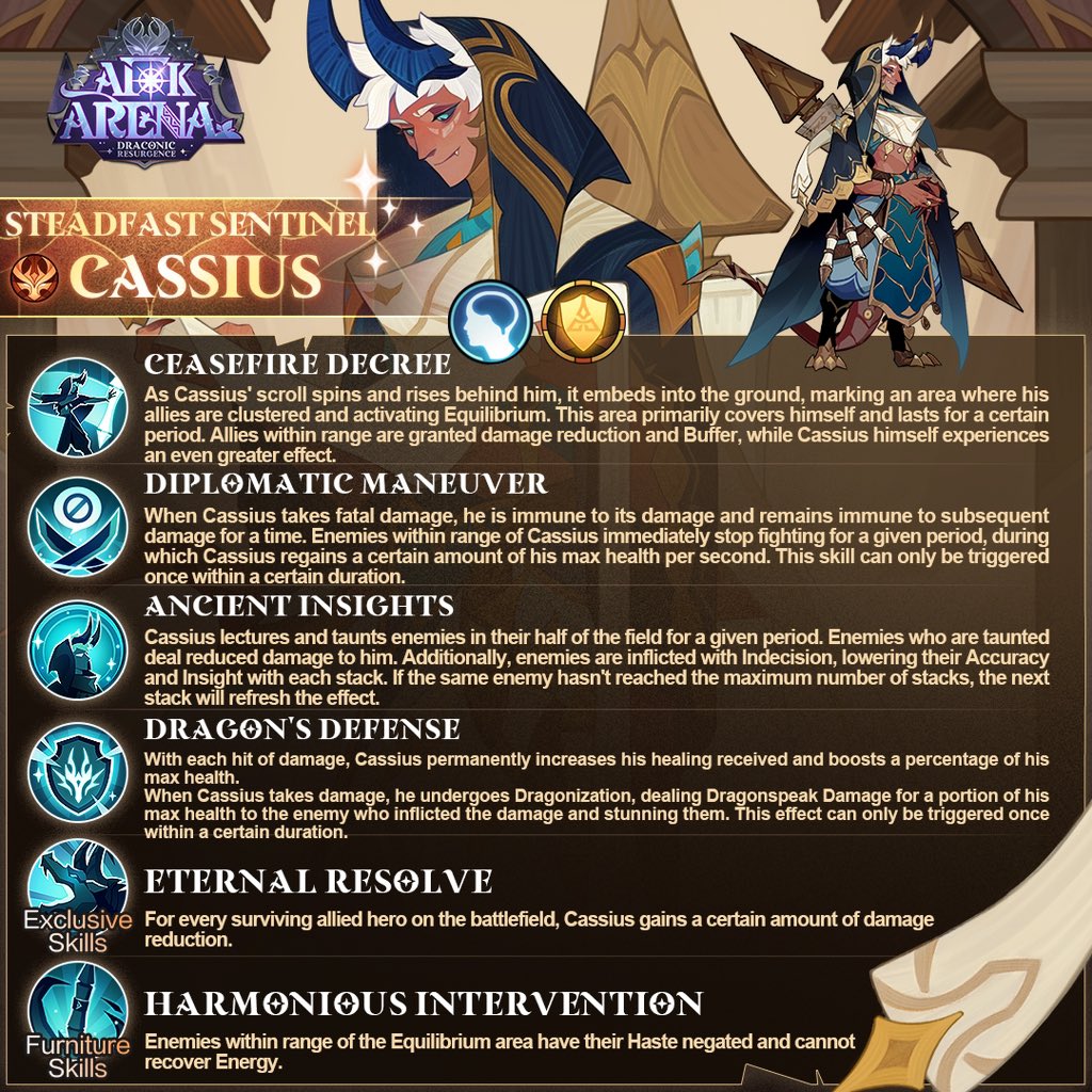 Cassius is adept at protecting allies with Equilibrium on the battlefield and disrupting enemies to weaken their offensive capabilities. #AFKArena #DraconicResurgence