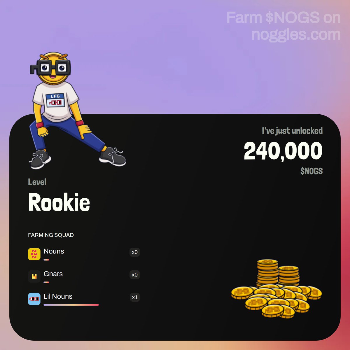 I've just unlocked 240,000 @nogglescoin from my nounish NFTs. Put your $NOGS on and join the nouniverse! ⌐◨-◨