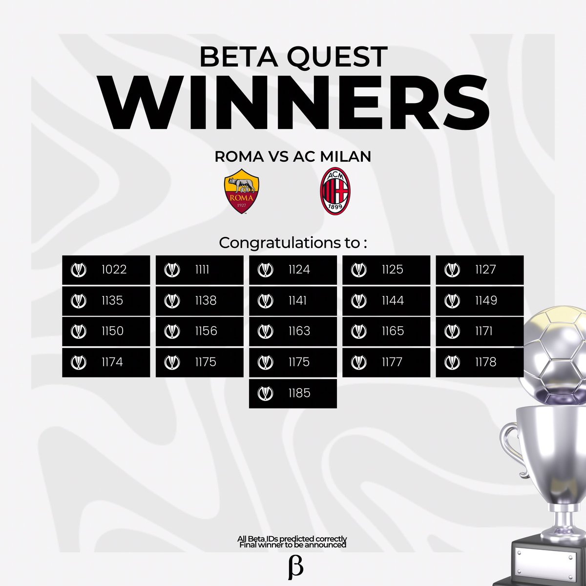beta_sportX's tweet photo. Your #BetaQuest winners from Thursday
Winners to be decided by IG Live Spin. https://t.co/qGna8aqtI1