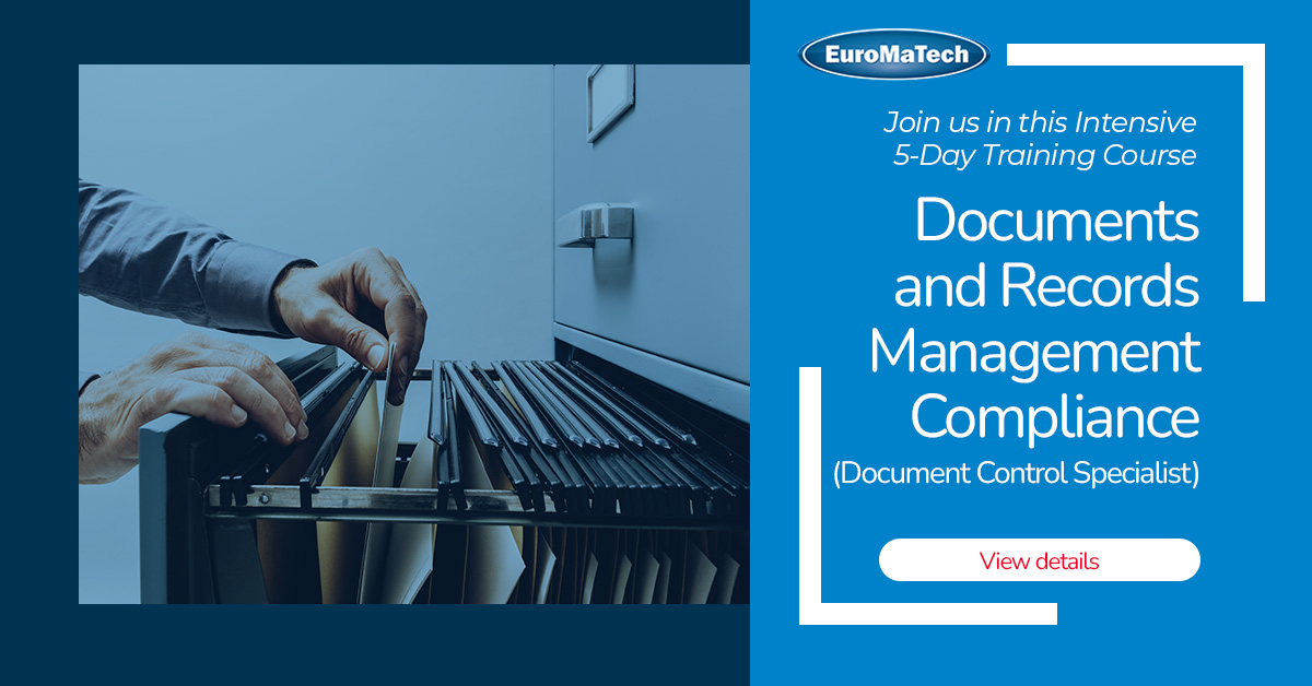 Documents and Records Management Compliance
(Document Control Specialist)

Register today!
euromatech.com/seminars/docum…

#euromatech #training #trainingcourse #documents #recordsmanagement #recordsmanagementcompliance #documentcontrolspecialist #officemanagement