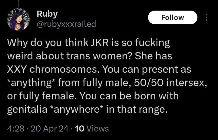 Oh, the genderists do make me laugh! Apparently, @jk_rowling now has XXY 😂😂😂 Genderists always moan on telling people not to reduce them down to their genitals, but are all too happy to apply that to us with CRD conditions... Sigh.