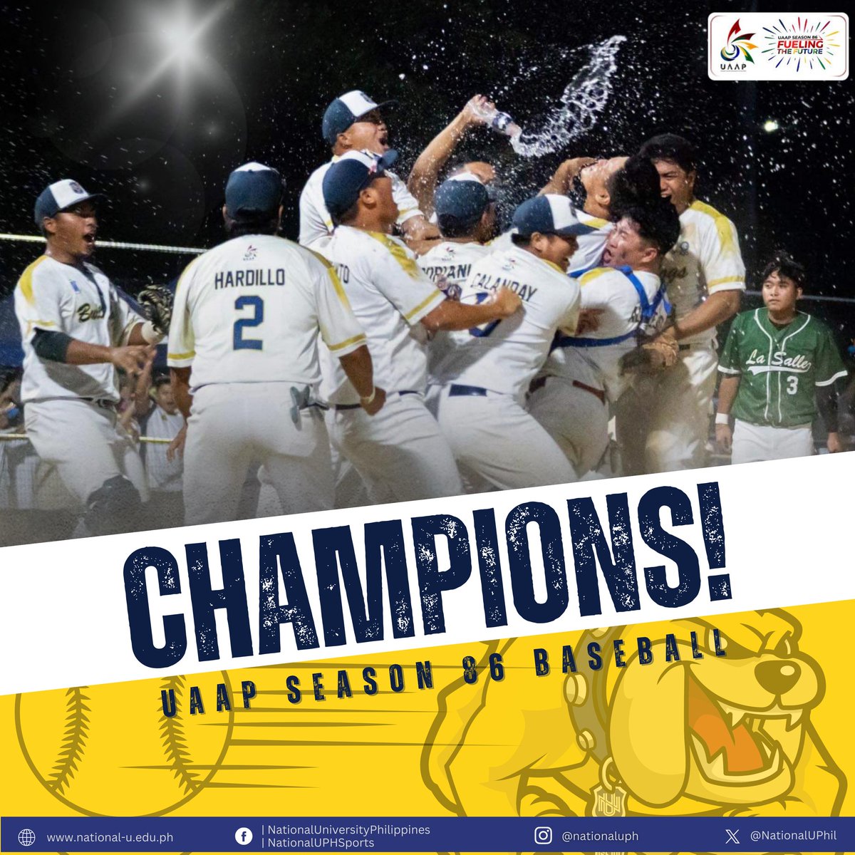 CHAMPIONS! 💛💙

The National U Baseball team brought the title back to Jhocson after dethroning DLSU, 4-2, today at the UP Baseball Field.

📷: UAAP Media Bureau 
#GoBulldogs #UAAPSeason86