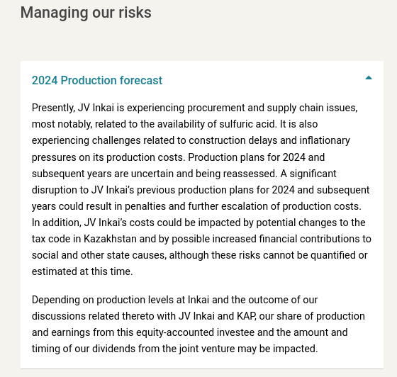PraiseKek's tweet photo. $CCJ 🇨🇦 Risks with $KAP 🇰🇿 #Inkai JV:
"Presently, JV Inkai is experiencing procurement & supply chain issues, most notably, related to the availability of sulfuric acid. Production plans for 2024 and subsequent years are uncertain and being reassessed." https://t.co/02F5oksPEf