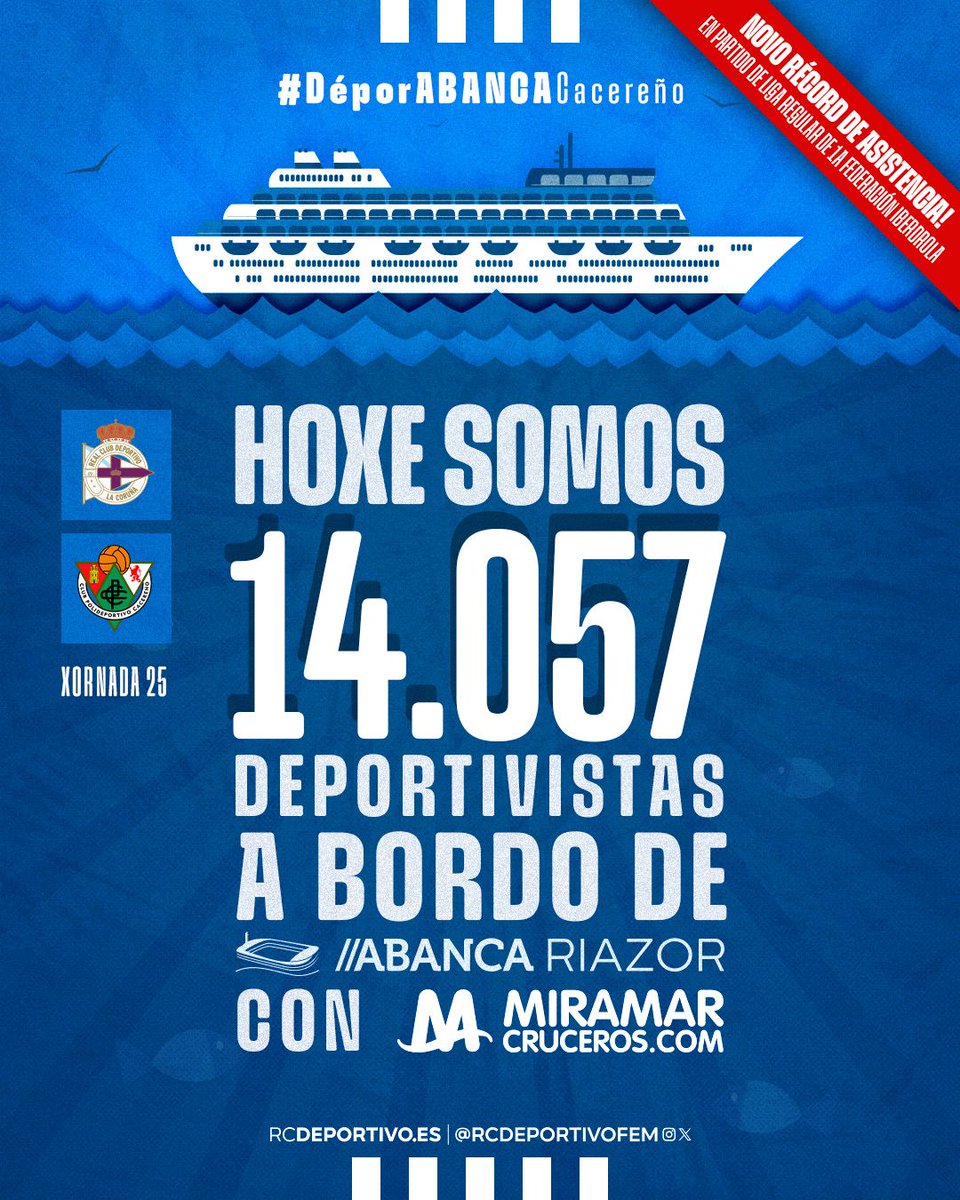 #ANOSAFORZA: hoxe en #ABANCARIAZOR somos todos estes #Deportivistas vendo o #DéporABANCACacereño con @MiramarCruises 🏅 Novo récord histórico nun partido de liga regular en Primera Federación Iberdrola!