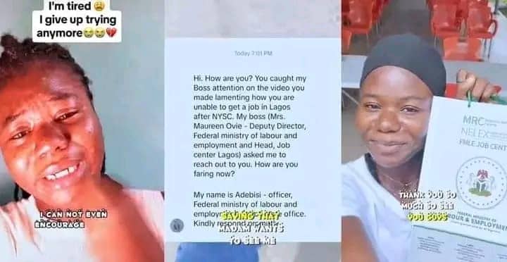 NYSC graduate's viral video crying and lamenting joblessness in Lagos leads to Federal Ministry of Labour job offer.