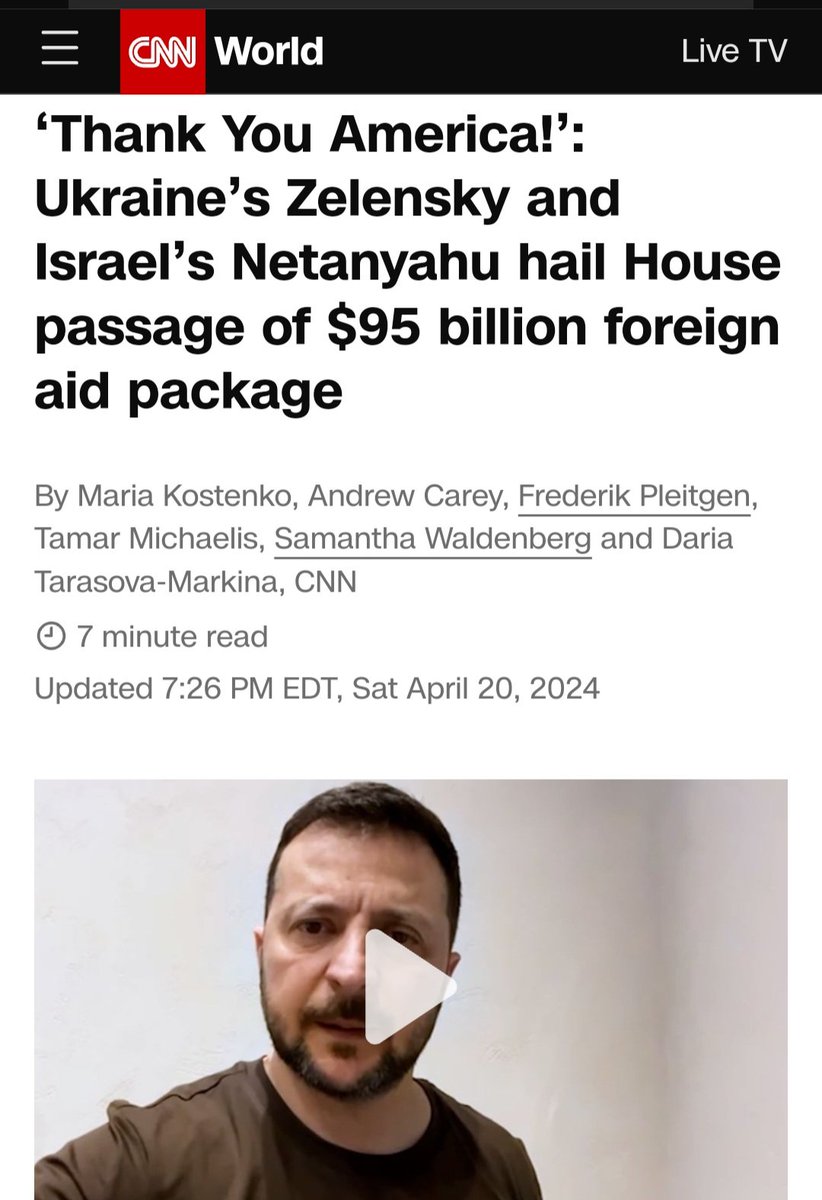 Netenyahu, the maniacal leader of a fanatical state carrying out unprecedented Massacres against the civilian population of its neighbours And, Zelensky, a dictator killing an entire generation of his own people, Have 'Thanked' the United States for paying them to continue.
