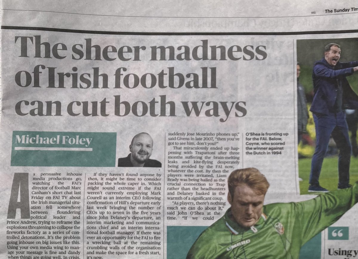 He’s on form today 😃 @MickFoley76 in Sunday Times offers a wry perspective on the chaotic disorder and head-wrecking confusion at the centre of the abyss that is the FAI.