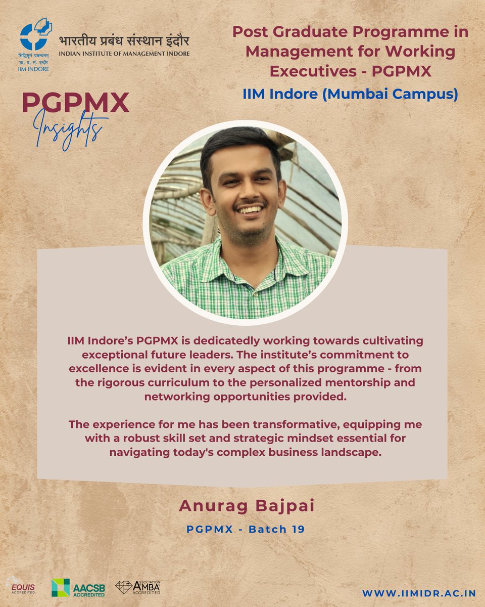 #PGPMXInsights: Meet Anurag Bajpai from Batch 19, Post Graduate Programme for Working Executives in Mumbai, #PGPMX, who found the programme transformative, enhancing his skills & career trajectory.
#AdmissionsOpen: 
Apply here: iimidr.ac.in/academic-progr…

#IIMIndore @askhimanshurai