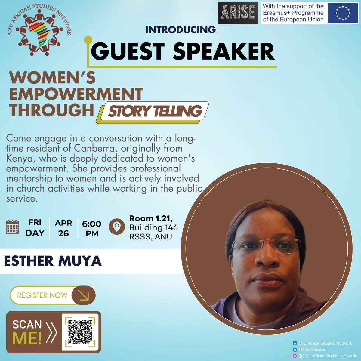 We are excited to introduce Esther Muya as our next panellist for the upcoming session. Esther is originally from Kenya and has been living in Canberra for a long time. She empowers women through her mentoring initiative, church, and work in public service. #ANU #Africa #Women