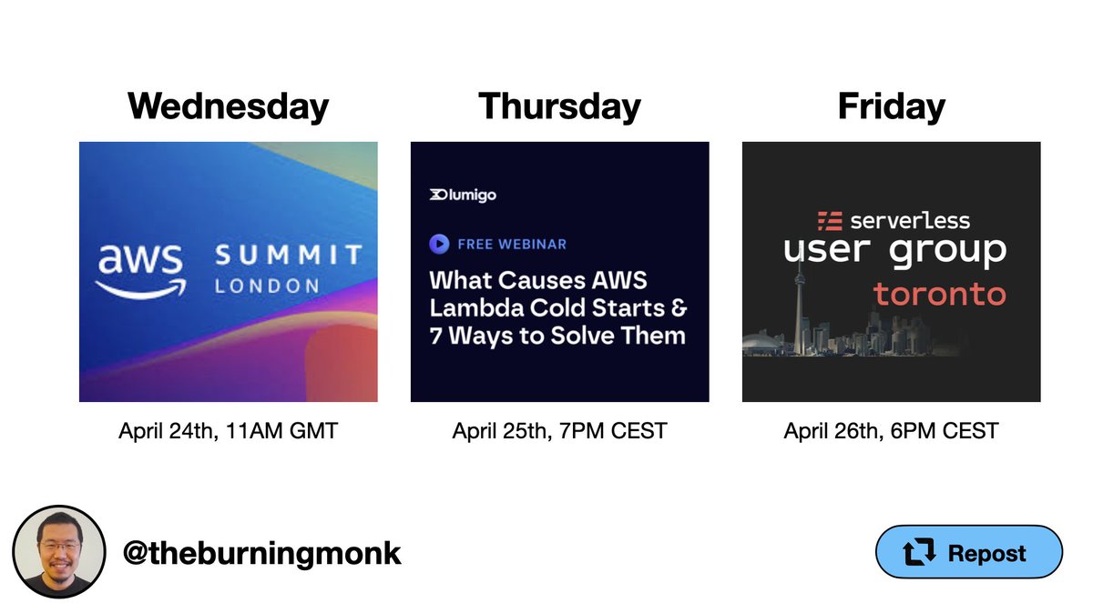 Busy week ahead! Hope to see you at one of these events to share some hard-learned AWS & serverless tips with you 😎 'Patterns for efficient serverless development' Community Lounge at the AWS Summit London Wednesday, April 24th, 11AM GMT 'What Causes AWS Lambda Cold Starts & 7…