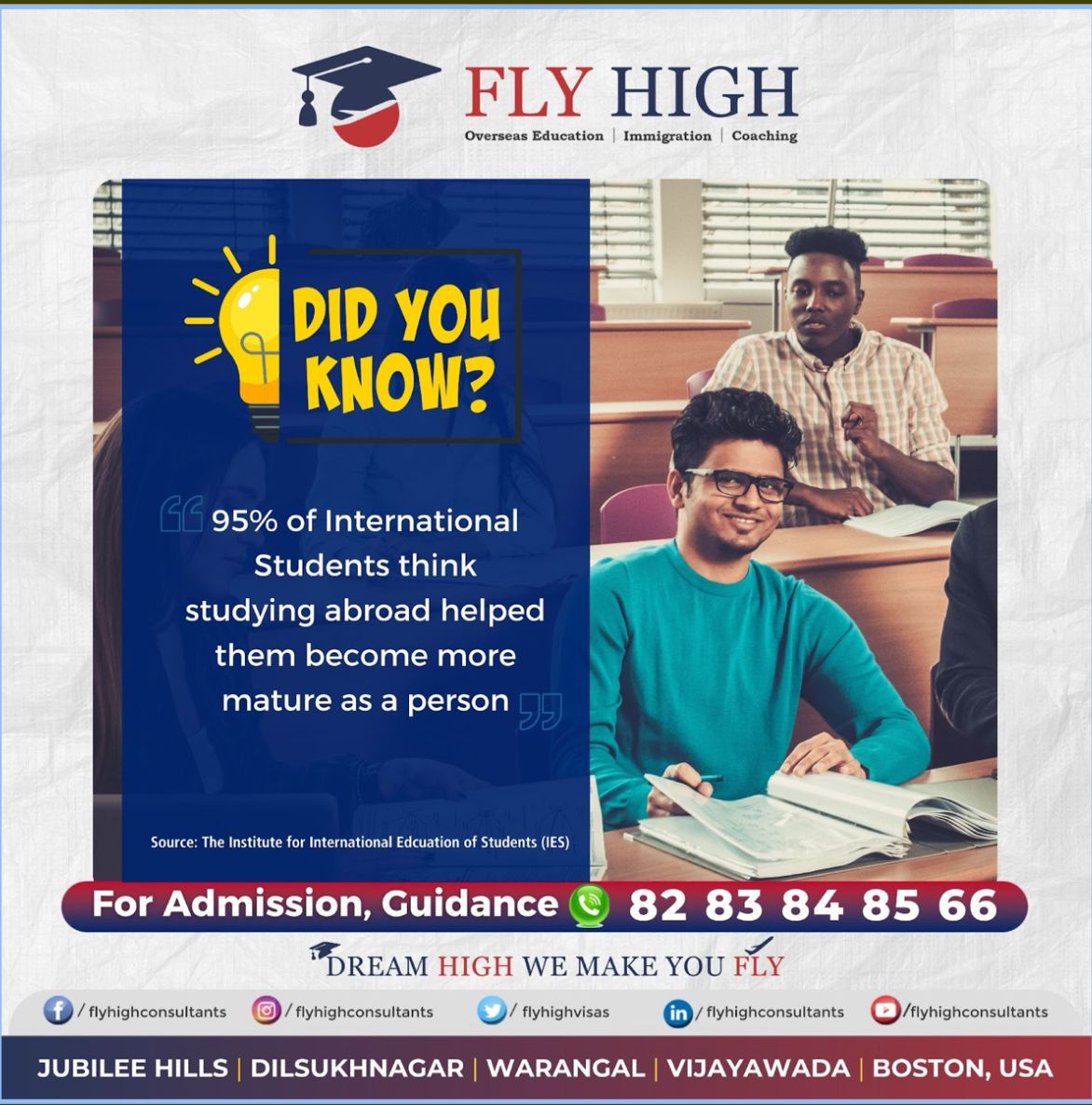 Did you know? 95% of #internationalstudents think #studyingabroad helped them become more mature as a person.
Looking for an #overseaseducation consultants, let #Flyhighconsultants make your dream a reality.
Contact us at : +91 8283848566