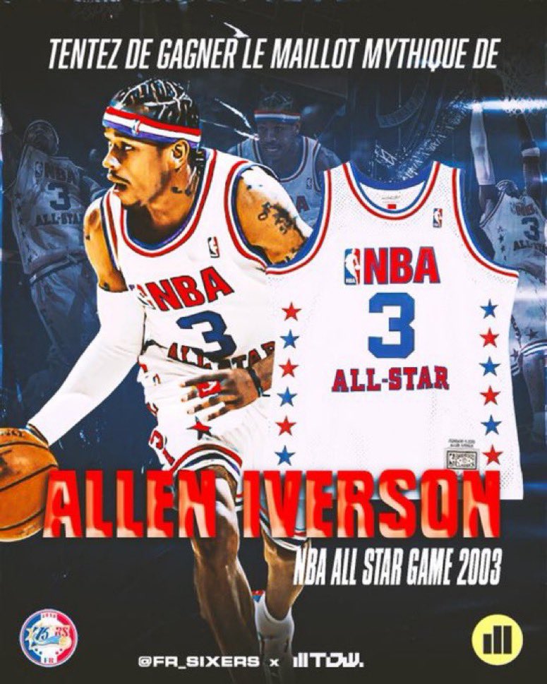 🏀 JEU CONCOURS 🏀 Avec @TDWofficiel vous offre l’opportunité de remporter le maillot d’un joueur que vous connaissez tous… Allen IVERSON lors du All-Star Game 2003 (sur la photo). Pour y participer c’est simple : - RT + Like le tweet - Suivre les comptes @FR_Sixers &