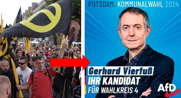 Gerhard Vierfuß ist ein Beispiel, wieviel der Unvereinbarkeitsbeschluss zwischen #AfD und Identitärer Bewegung wert ist. Die AfD-Brandenburg belohnt die Teilnahme an einem IB-Aufmarsch mit einem Posten bei der Kommunalwahl. 1/2