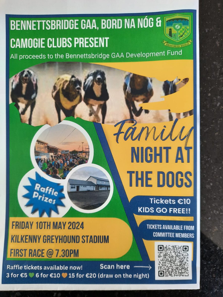 Looking forward to the upcoming night at the dogs . Tickets available from committee members of all three boards. Raffle tickets can be purchased by scanning on attached poster. Thanks again for the continued support.