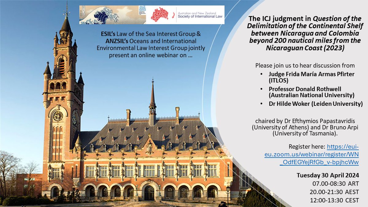 ESIL-Law of the Sea IG (@esil_lawsea) on Twitter photo On 30 April 2024 (7-8:30 ART, 20-21:30 AEST, 12-13:30 CEST) <a href="/esil_lawsea/">ESIL-Law of the Sea IG</a> & <a href="/ANZSIL/">ANZSIL</a> IG organise a webinar on the 2023 <a href="/CIJ_ICJ/">CIJ_ICJ</a> judgment in Nicaragua v. Colombia ⚖🌊with <a href="/HildeWoker/">Hilde Woker</a>, Frida Armas Pfirter <a href="/ITLOS_TIDM/">International Tribunal for the Law of the Sea</a> & Donald Rothwell. <a href="/esil_sedi/">ESIL-SEDI</a>
Sign up: eui-eu.zoom.us/webinar/regist… On 30 April 2024 (7-8:30 ART, 20-21:30 AEST, 12-13:30 CEST) <a href="/esil_lawsea/">ESIL-Law of the Sea IG</a> & <a href="/ANZSIL/">ANZSIL</a> IG organise a webinar on the 2023 <a href="/CIJ_ICJ/">CIJ_ICJ</a> judgment in Nicaragua v. Colombia ⚖🌊with <a href="/HildeWoker/">Hilde Woker</a>, Frida Armas Pfirter <a href="/ITLOS_TIDM/">International Tribunal for the Law of the Sea</a> & Donald Rothwell. <a href="/esil_sedi/">ESIL-SEDI</a>
Sign up: eui-eu.zoom.us/webinar/regist…