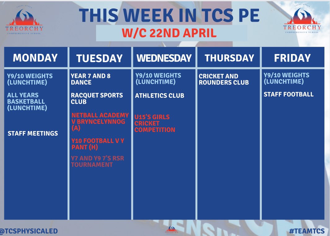 WHATS ON THIS WEEK🚨 Our new Extra Curricular Clubs take off this week with other fixtures and tournaments too👌🏼 The last dance for some of our Y13 Netballers as they wear the TCS Dress for the final time💙