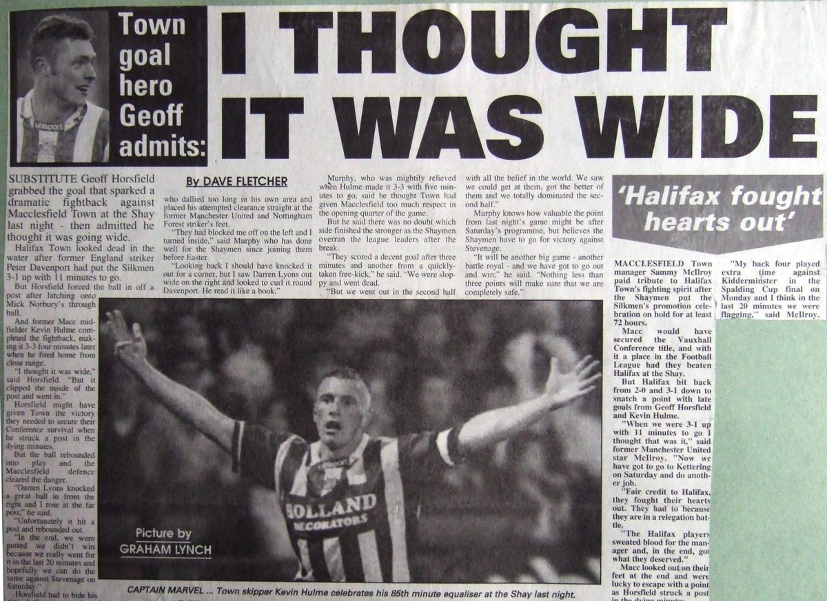Town were perilously close to relegation from the Conference in 1996/97, needing points from both champions-elect Macclesfield then Stevenage. 3:1 down to Macc 30/04/1997 they rallied through Geoff Horsfield then Kevin Hulme grabbed a 85th minute equaliser. Halifax Courier report