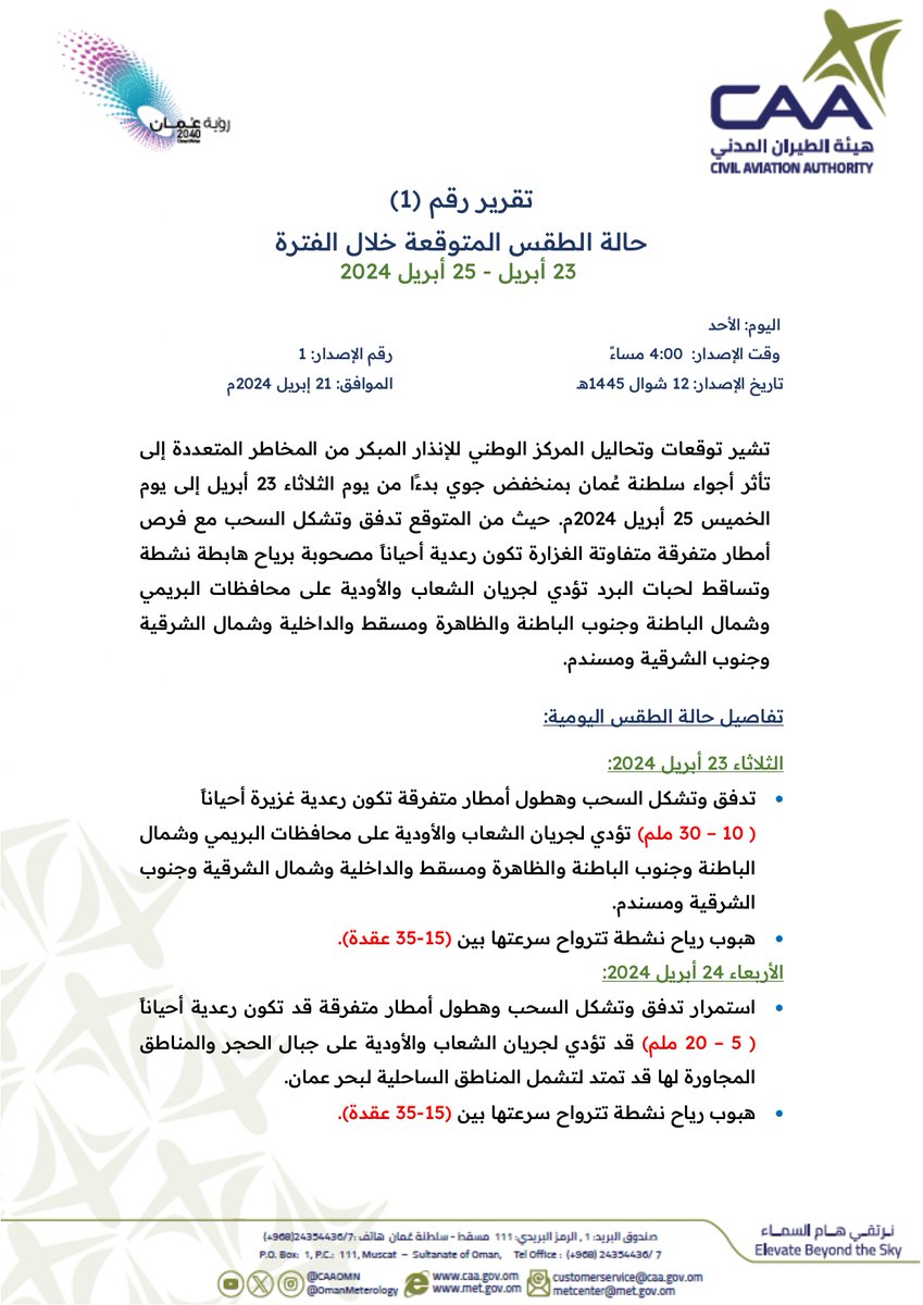تقرير رقم (1)
حالة الطقس المتوقعة خلال الفترة
23 أبريل - 25 أبريل 2024