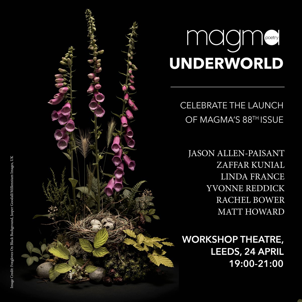 Three days before our Leeds launch of @magmapoetry the Underworld issue 💫💫💫 An amazing line-up of poets including @jallenpaisant @ZaffarKunial @YvonneReddick #MattHoward @rachelebower #LindaFrance Get your free tickets here 👉 eventbrite.co.uk/e/magma-magazi…