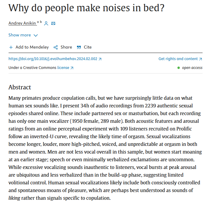 New sex sounds dataset has dropped: 'I present 34 hours of audio recordings from 2239 authentic sexual episodes shared online.' sciencedirect.com/science/articl…