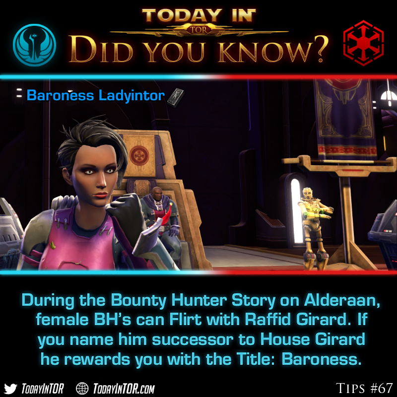 Did you know that 3 secret Story Titles you can unlock as a Bounty Hunter in SWTOR?

On Alderaan you can unlock the Baroness Title by joining into House Girard, or the Homewrecker Title if you kill everyone! Read More
todayintor.com/2023/08/11/bar…

#swtor #starwars #swtorfamily