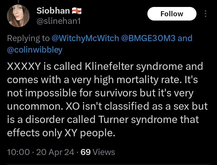 My gawd, these people spread so much nonsense. Klinefelter Syndrome is XXY, not XXXXY. There is no high mortality rate. Whilst some of us may develop critical illness in our lives, it's still rare. Also, karyotype ≠ sex. Stop spreading lies.