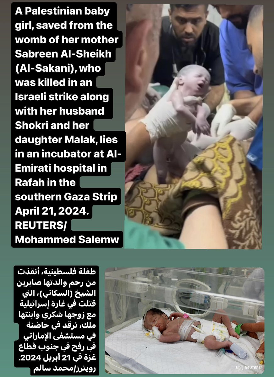 A #Palestinian baby girl, saved from the womb of her mother Sabreen Al-Sheikh (Al-Sakani), who was killed in an Israeli strike along with her husband Shokri and her daughter Malak, lies in an incubator at Al-Emirati hospital in #Rafah in the southern #GazaREUTERS/@msalem66
