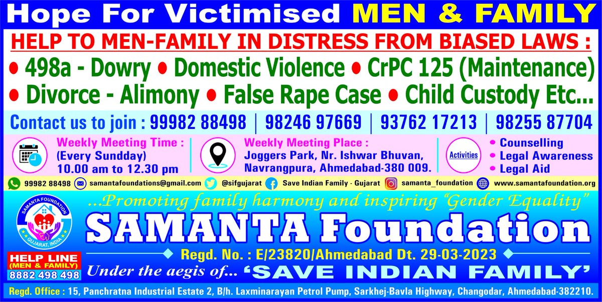 Samanta Foundation (SIF) A'bad: In person Weekly Meeting (Dt 21-04-24) for #MenInDistress & their families. 🌏Joggers Park, Nr Commerce 6 Road, Ahd ⏰10.00 am to 1 pm (Every Sunday) 👥 One to one Counselling ⚖️ Legal Awareness Session ☎️ 98255 87704 Info & MRA support @sifgujarat