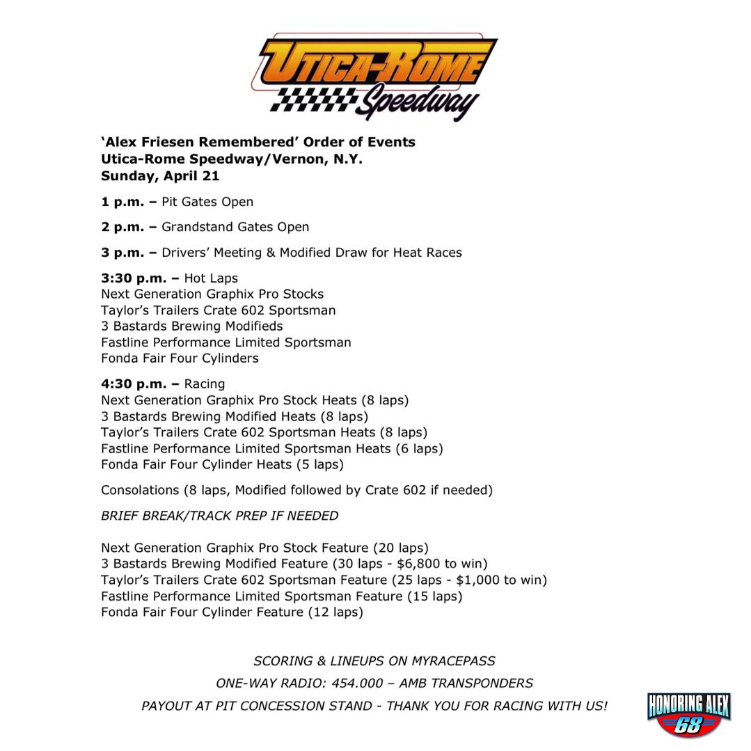 4️⃣4️⃣ #raceday 📍 @utica_rome_speedway 💥The ‘Home of Heroes’ opening program is headlined by a 30-lap, $6,800-to-win 3 Bastards Brewing Modified event, paying homage to the late Alex Friesen’s No. 68. 📺 @floracing 📱 @myracepass