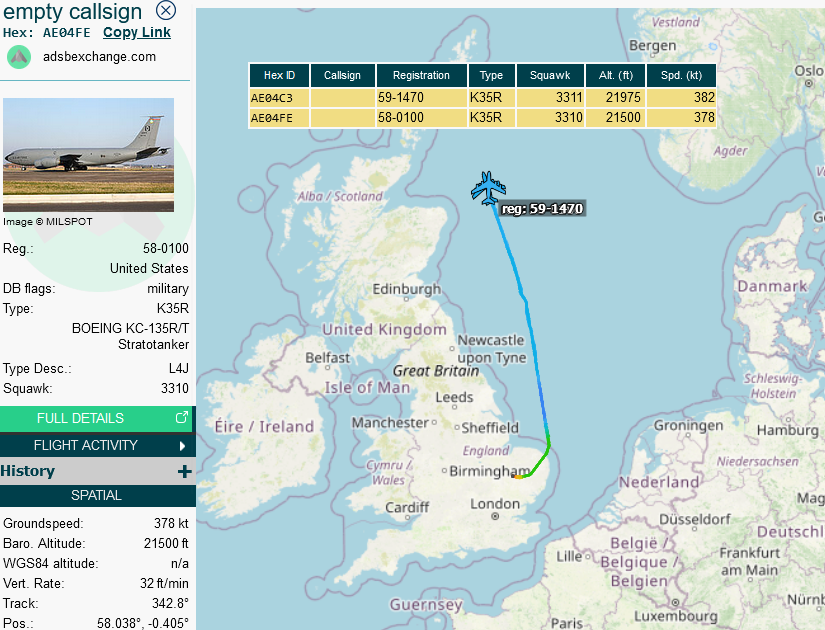 SirListenalot's tweet photo. 1039z #KC135's #LAGR73-74 on a round trip out of Mildenhall for AR with #B1's (#COMET01-02) which are heading home from Morón, Spain https://t.co/JUA1G5ETPG