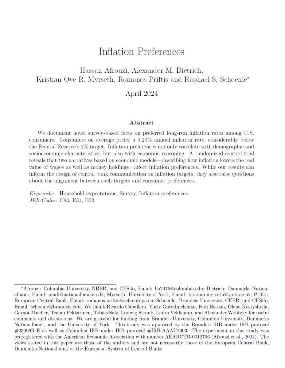 International and Monetary Economics Network (@int_mon_econ) on Twitter photo Thought-provoking: "Inflation Preferences" by @hafrouzi <a href="/amdietrich_econ/">Alexander Dietrich</a> Kristian Myrseth Romanos Priftis <a href="/RaphaelSchoenle/">Raphael Schoenle</a>
"Inflation preferences not only correlate with demographic and socioeconomic characteristics, but also with economic reasoning."
cepr.org/publications/d… Thought-provoking: "Inflation Preferences" by @hafrouzi <a href="/amdietrich_econ/">Alexander Dietrich</a> Kristian Myrseth Romanos Priftis <a href="/RaphaelSchoenle/">Raphael Schoenle</a>
"Inflation preferences not only correlate with demographic and socioeconomic characteristics, but also with economic reasoning."
cepr.org/publications/d…