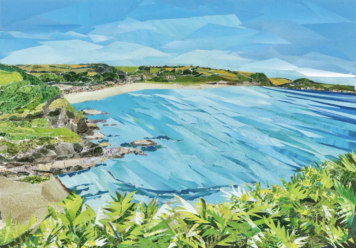 Junkmailart's tweet photo. Another commission of the beautiful Pentewan!  A bright vibrant collage capturing the turquoise colours of the water and the sun reflecting on the foliage!  
#art #Cornwall #collage https://t.co/IvEeJLRSnb