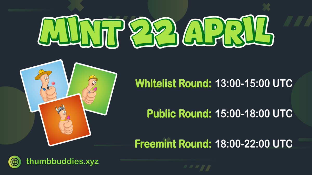 📢🚨 MINT GIVEAWAY

🎁7x Free NFT

1️⃣ Follow Us ( <a href="/ThumbBuddiesVNM/">Thumb Buddies 👍🏻💚</a> )
2️⃣ Like &amp; RT
3️⃣ Tag 3 friends
4️⃣ Join👉 discord.gg/GXM3FRUwMu

⏰3 days

#Giveaway #NFTGiveaway #FreeNFT #Venom #TokenForge #TOKEN2049 #BTCHalving