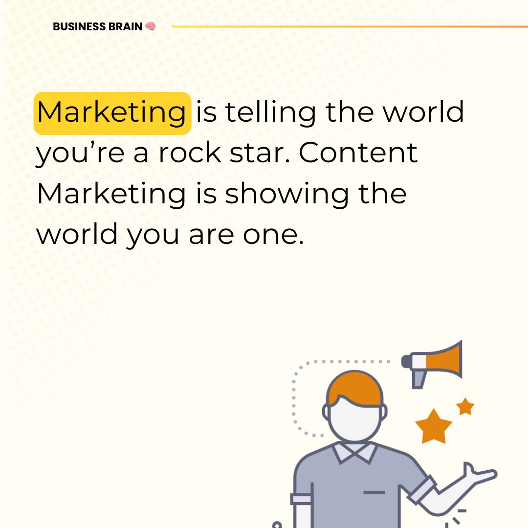 BusinesszBrain's tweet photo. 📢Marketing is telling the world you’re a rock star. Content Marketing is showing the world you are one.

@BusinesszBrain 

#contentmarketing #marketing #businessbrain #Entrepreneur https://t.co/jj7i3o0QNF