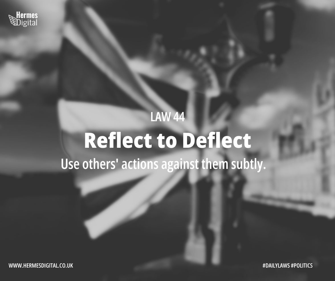 Law 44 - Reflect to Deflect - Mirror your political foes to reflect their flaws. #MirrorStrategy #StrategicSatire Find out more: hermesdigital.co.uk