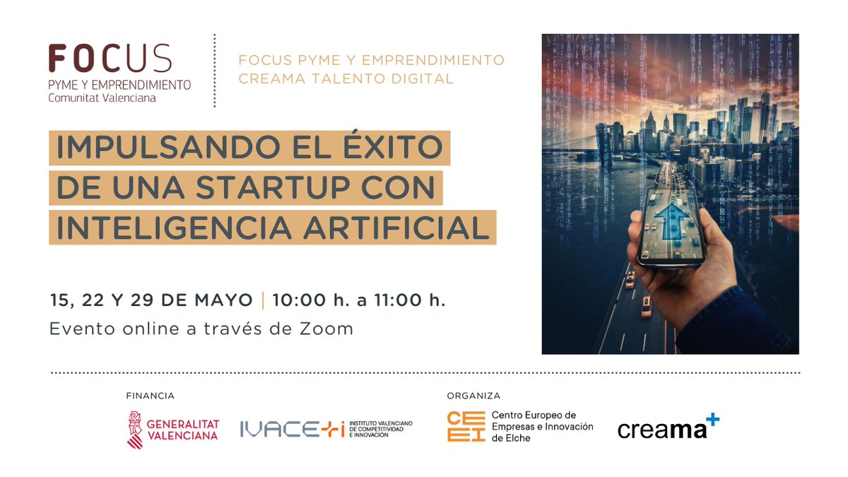 🟠 15, 22 y 29 de mayo 📅 #Focus Pyme: Impulsando el Éxito de una Startup con #IA is.gd/mjafwq

👨‍💻 Oliver Montes <a href="/devopensource/">Oliver Montes</a> <a href="/Cloud_Levante/">Cloud Levante</a>
👨‍💻 Diego Hueltes <a href="/diegohueltes/">Diego Hueltes</a>
👨‍💻 Lasse Rouhiainen <a href="/lasseweb20/">lasseweb20</a>

<a href="/GVAivace/">IVACE+i</a> <a href="/ceeivalencia/">CEEI Valencia</a> <a href="/creama_org/">CREAMA➕</a> <a href="/AjuntamentXabia/">Ajuntament de Xàbia</a>
