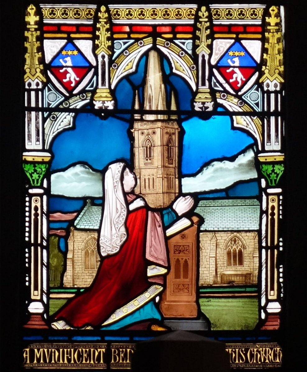 Brilliant stained glass at St Mary's Cathedral, #Newcastle, chronicling the construction of the tower. Due to limited funds, #Pugin's tower could only be built to a height of 15 feet. Nearly 30 years later, Elizabeth Dunn bequeathed £2,000 for its completion, to a new design.