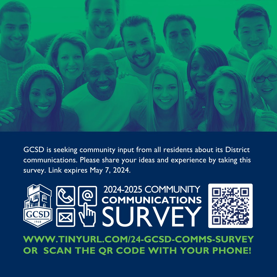 Dear GCSD Community, GCSD is seeking community input from all residents about it's District communications. Please share your ideas and experience by tkaing this survey. Link expires May, 7, 2024. tinyurl.com/24-gcsd-comms-…