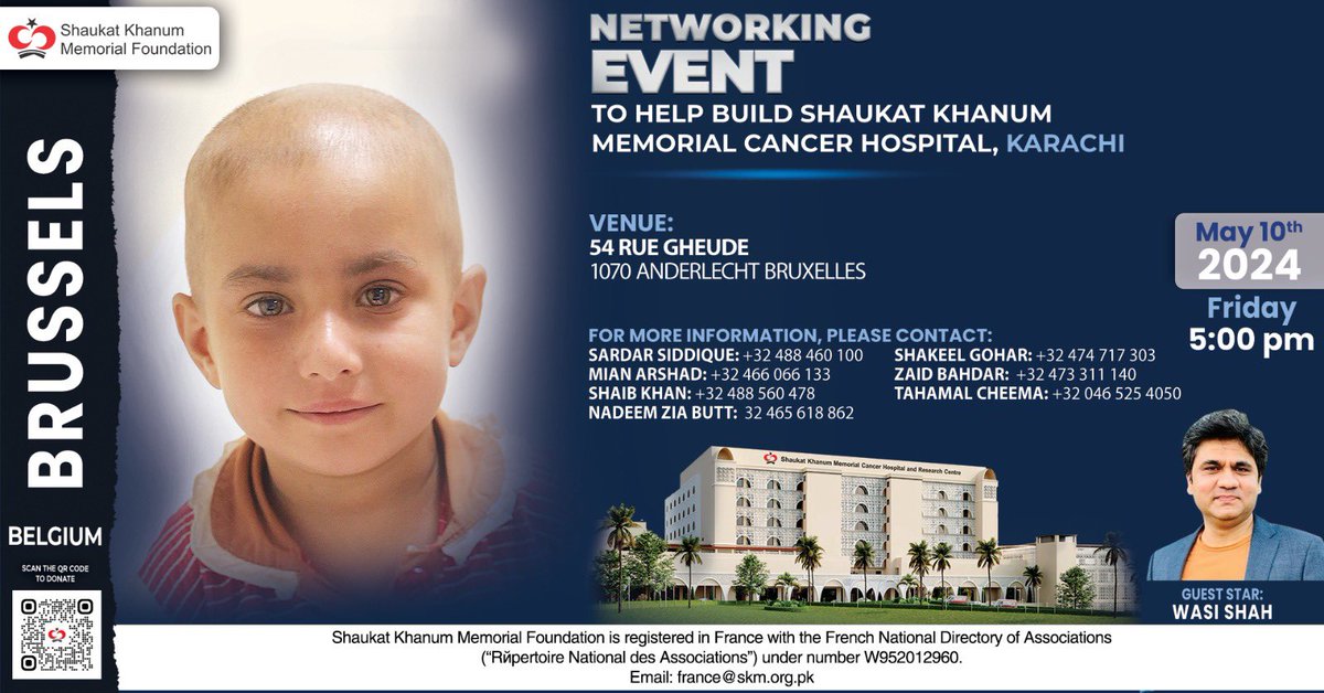 Join us at the Networking Event in Brussels, Belgium, in support of #ShaukatKhanumKarachi. Guest Star: Wasi Shah Date: Friday, May 10, 2024 For more details, visit shaukatkhanum.org.pk/networking-eve… #SKMCH #Madrid #LetsMakeItHappen