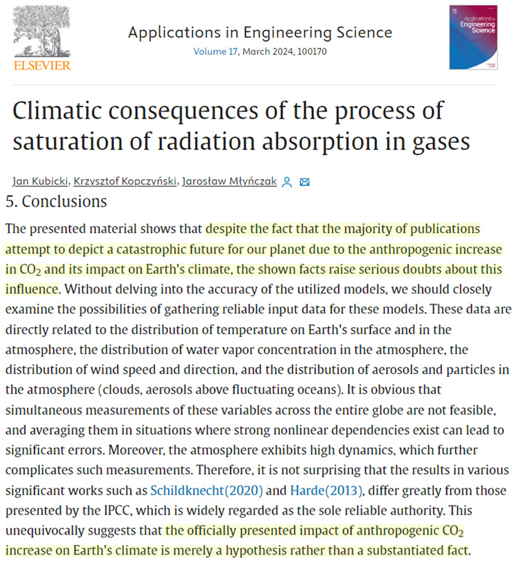 3 Ph.D physicists have conducted multiple experiments showing CO2's capacity to absorb radiation is already saturated at 400 ppm. Thus, increasing CO2 has no climatic effect. Kubicki et al., 2020, 2022, 2024 ph.pollub.pl/index.php/iapg… ph.pollub.pl/index.php/iapg… sciencedirect.com/science/articl…