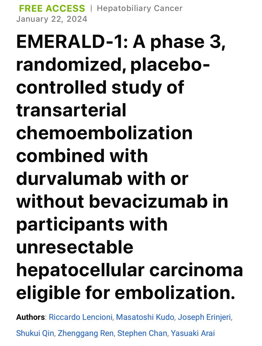 💊Adding durvalumab plus bevacizumab to TACE in unresectable HCC EMERALD-1, @ASCO GI24 @JCO_ASCO ✅D+B+TACE vs TACE mPFS: 15.0 vs 8.2 mo, HR: 0.77 (0.61–0.98) p=0.032 ❌D+TACE vs TACE mPFS: 10.0 vs 8.2 mo, HR: 0.94 (0.75–1.19) p=0.638 👉ascopubs.org/doi/10.1200/JC… ⁉️Whether it…