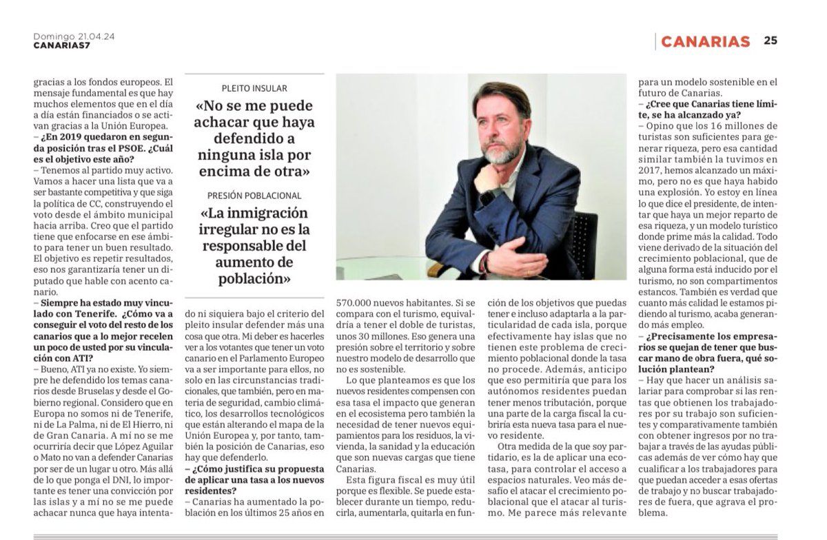 CarlosislaUE's tweet photo. Comparto la entrevista que publica hoy @canarias7 donde explico que el gran desafío actual de las Islas es el crecimiento poblacional y cómo podemos aprovechar los mecanismos que tiene Europa para proteger y defender esa manera particular de ser que tiene #Canarias. 

#EleccionesEuropeas🇪🇺
@coalicion 

https://t.co/onqe9Mv7s3