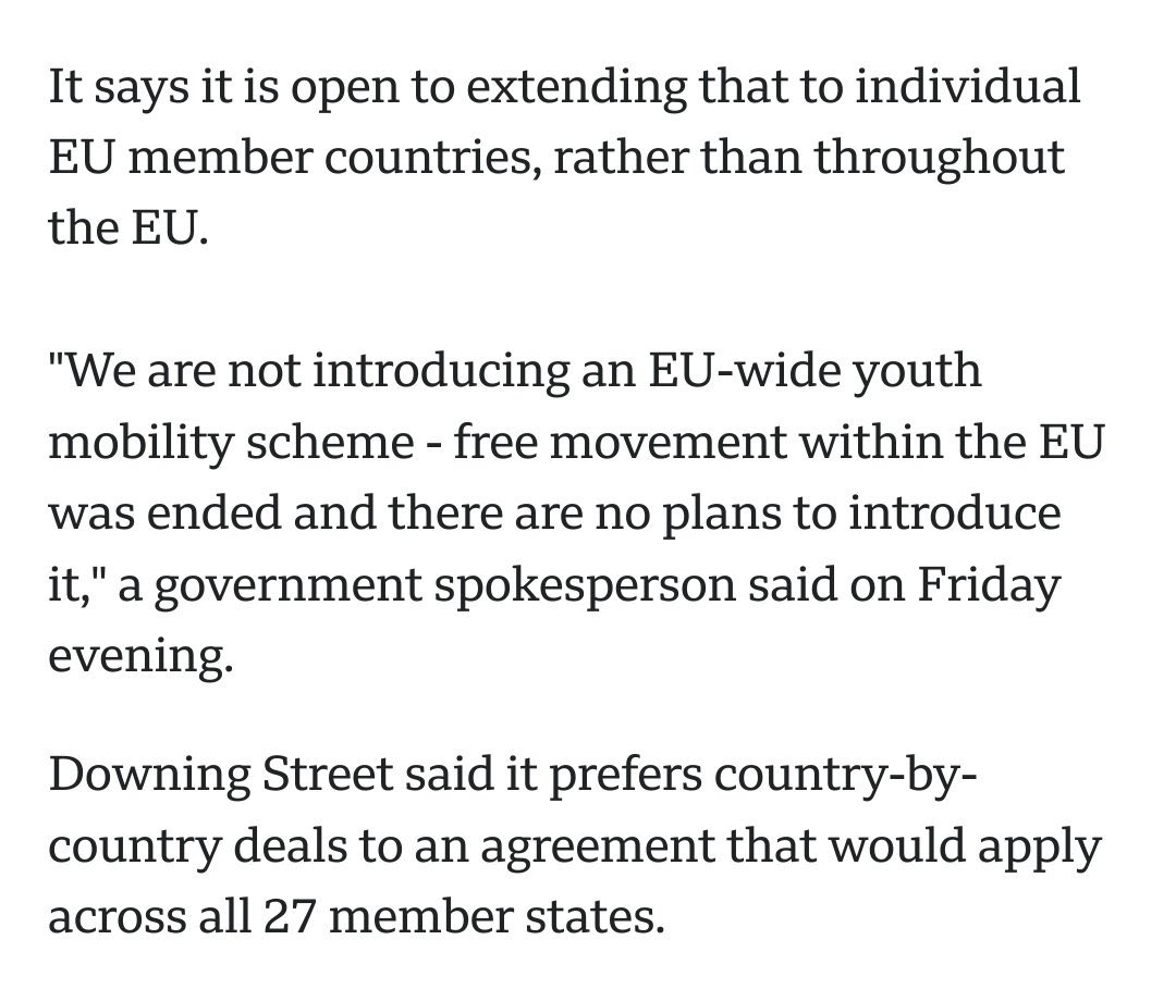 Not in @10DowningStreet’s gift.

The EU27 can extend to young Brits whatever courtesies they want & no PM would tread into the quagmire of prohibiting young people leaving the UK.

Would they?